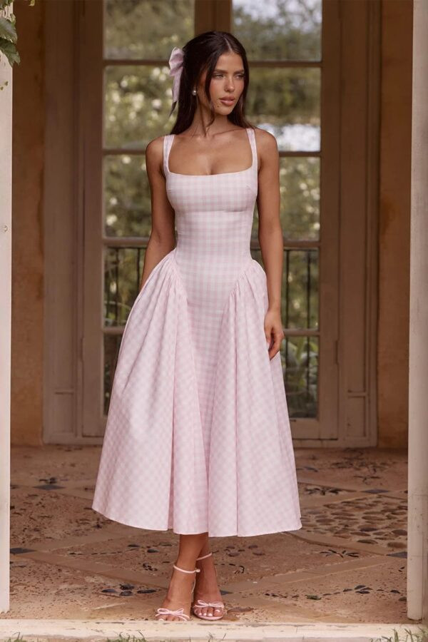 vestido-midi-rosa-vichy-xadrez