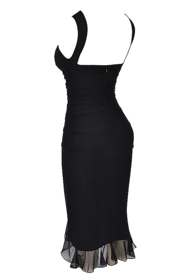 vestido-midi-fenda-preto-babado-assimetrico