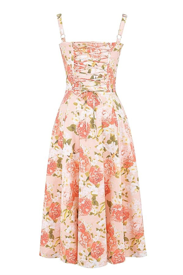 coral-midi-vestido-floral-busto-franzido-fenda