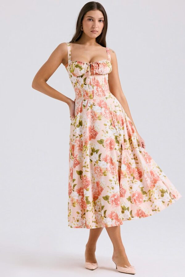 coral-vestido-midi-floral-busto-franzido-fenda