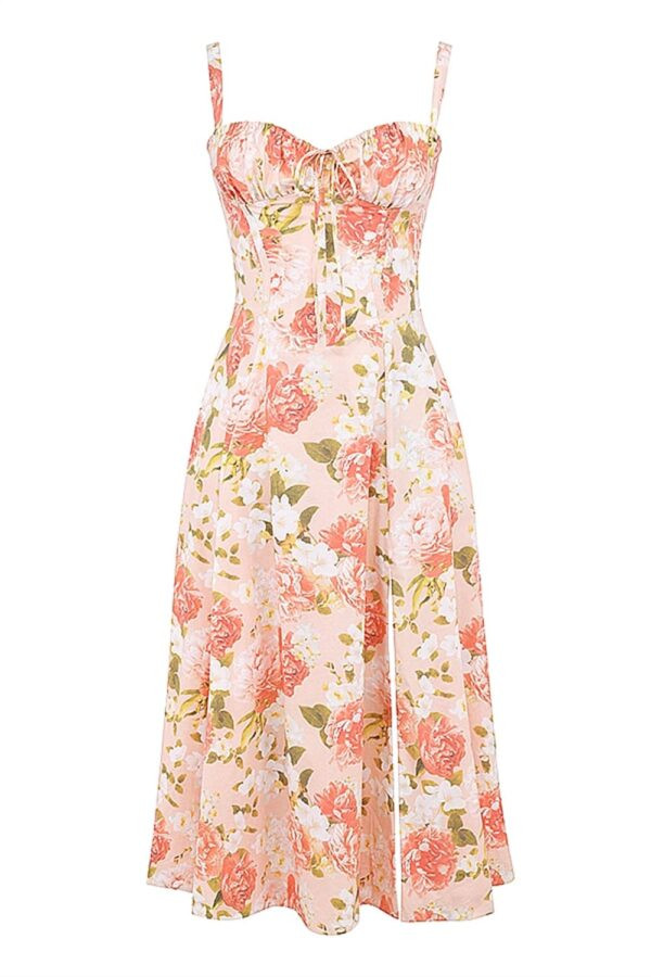 midi-floral-vestido-coral-busto-franzido-fenda