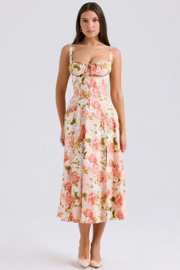 midi-vestido-floral-coral-busto-franzido-fenda