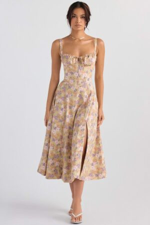 midi-vestido-floral-mostarda-corpete-fenda