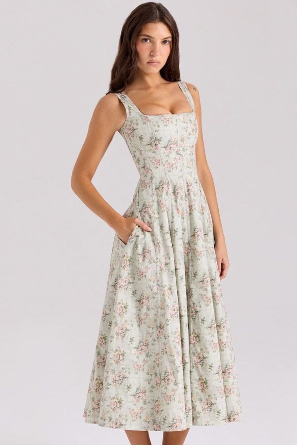 midi-vestido-floral-verde-decote-quadrado-alcas-largas