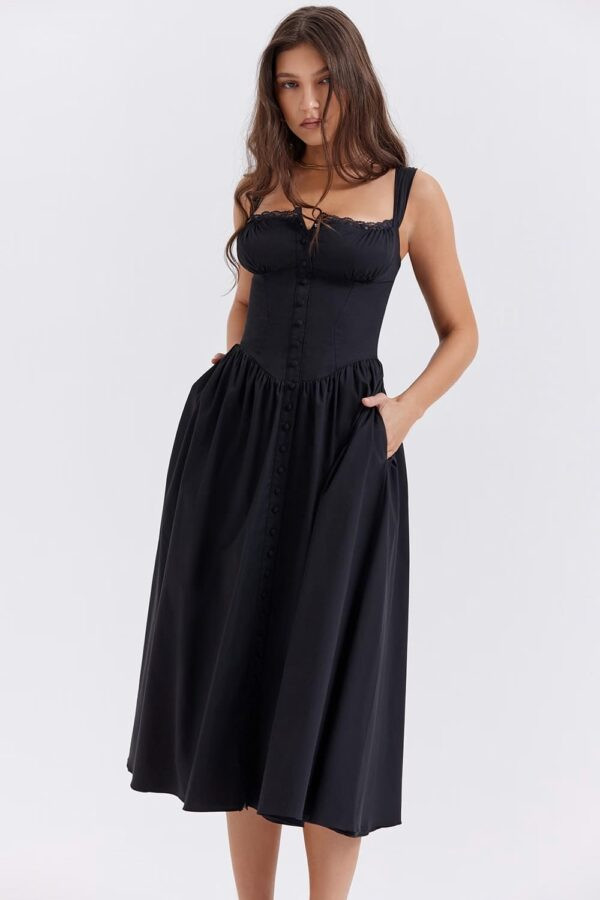 preto-vestido-midi-elegante-botoes-frente