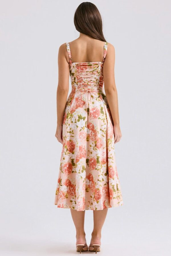 vestido-coral-fenda-midi-floral-busto-franzido