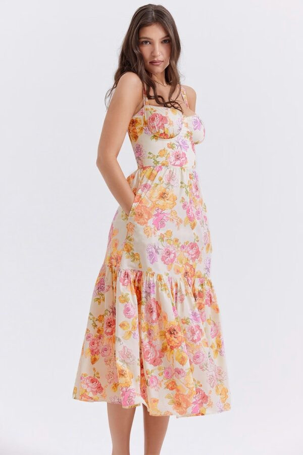 vestido-florido-babado-rosa-amarelo-midi