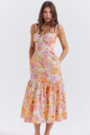 vestido-florido-rosa-amarelo-midi-babado