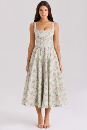 vestido-midi-floral-verde-decote-quadrado-alcas-largas