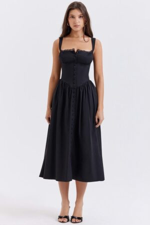 vestido-midi-preto-elegante-botoes-frente