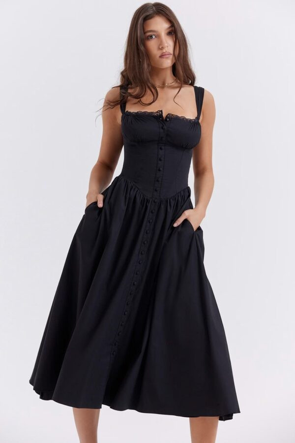 vestido-preto-midi-elegante-botoes-frente