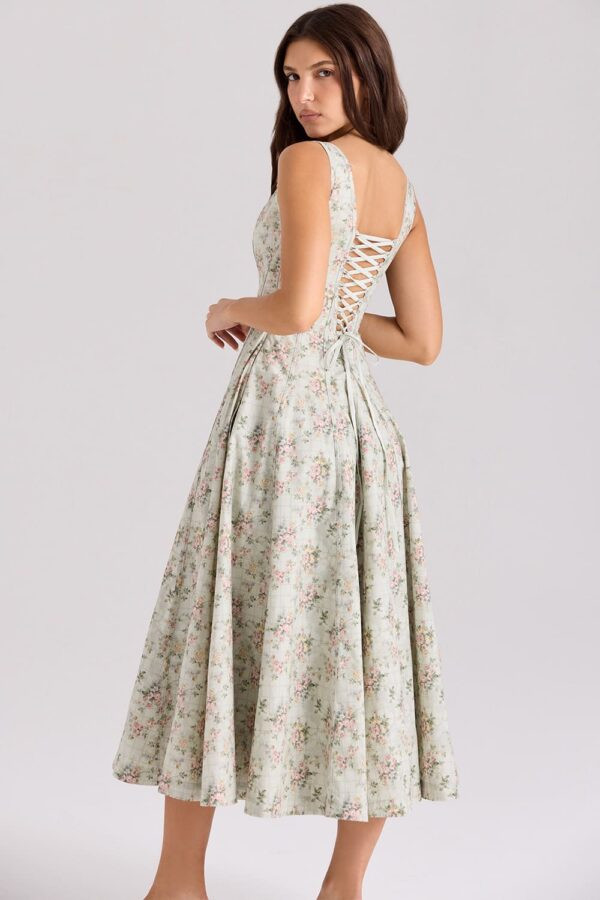 vestido-verde-midi-floral-decote-quadrado-alcas-largas