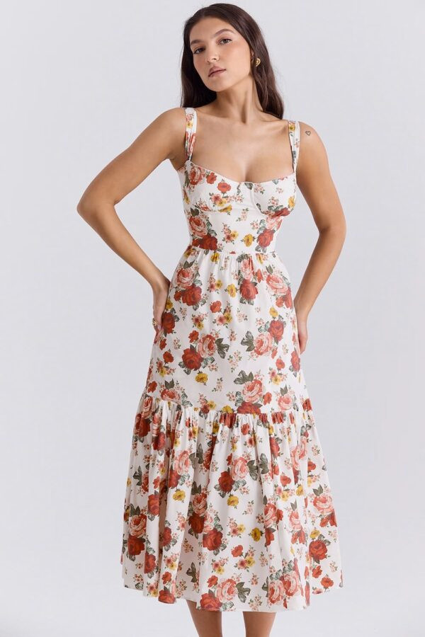 vestido-floral-evase-midi-rosas-babado-barra