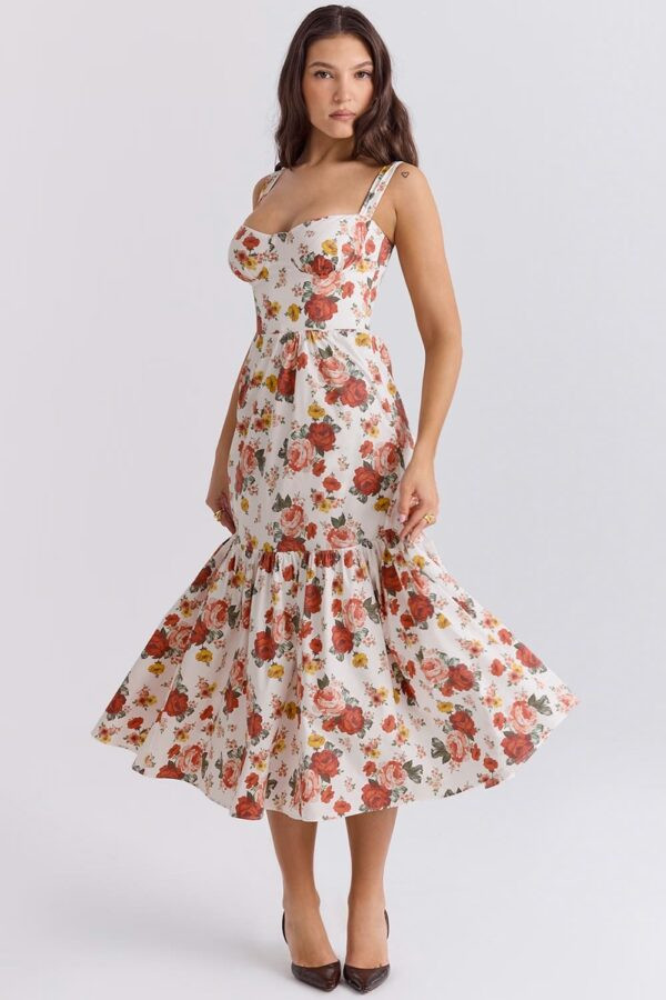 vestido-midi-evase-floral-rosas-babado-barra