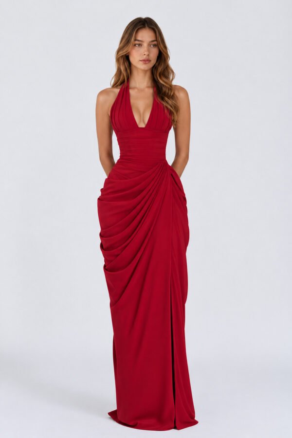 Vestido longo vermelho frente única com fenda em vista frontal
