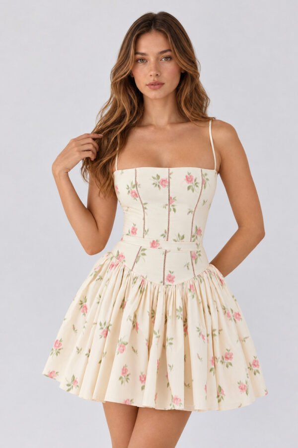 Vista frontal de vestido curto floral off-white com decote quadrado, alças finas e saia rodada.